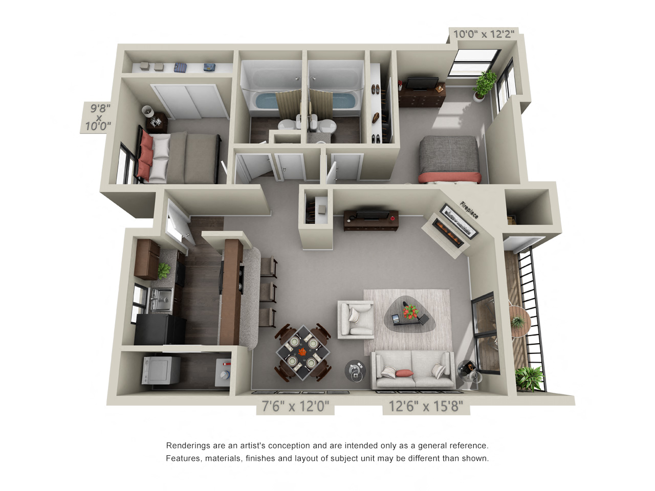 Floor plan for 2 beds, 2 baths, 906 sqft